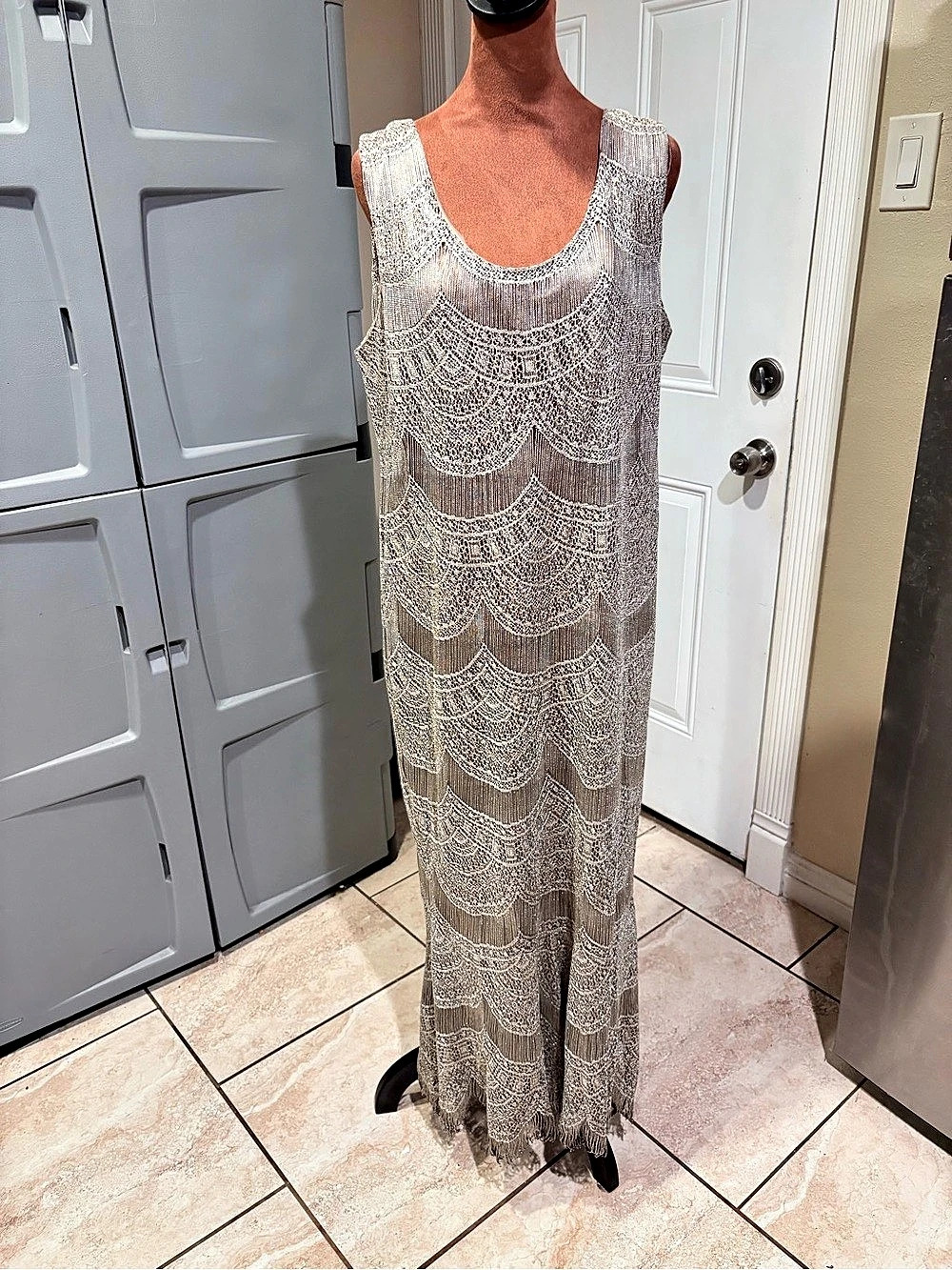 Danibou Women's Geometric Lace Maxi Dress Silver & Brown XL